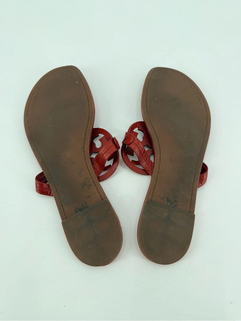 Tory Burch Red Leather Miller Logo Thong Sandals 9 FLAWS